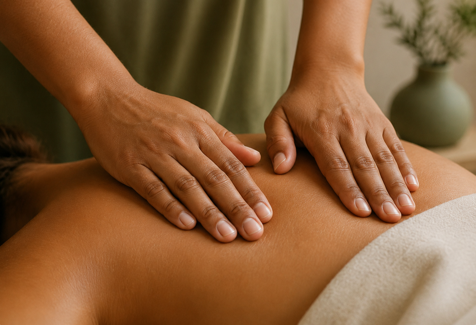Massage bien-être à Rennes, mains en mouvement sur le dos dans une ambiance sereine