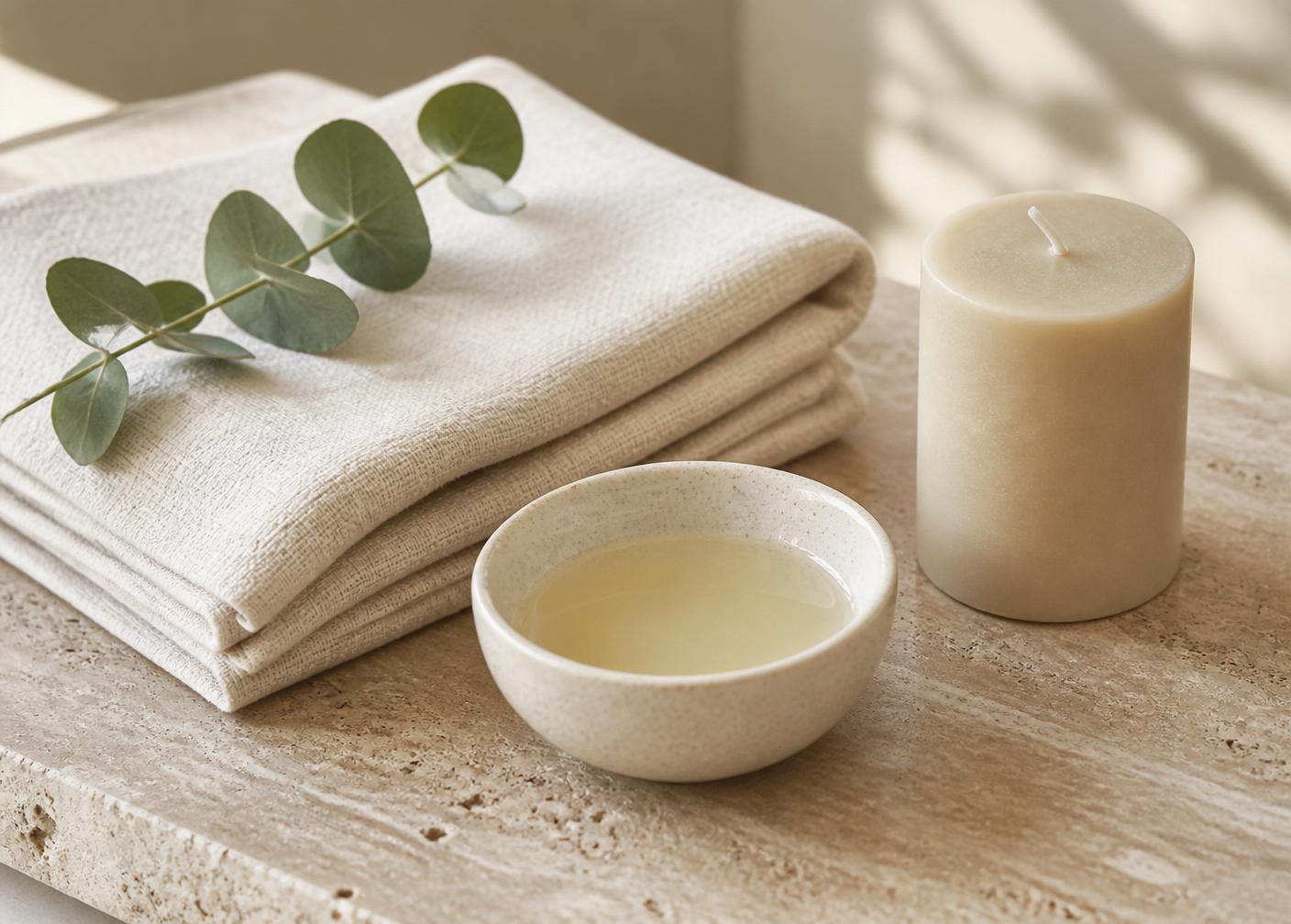 Détails d'ambiance : linge de lin, huile de massage, bougie sur travertin dans un cabinet de massage à Rennes